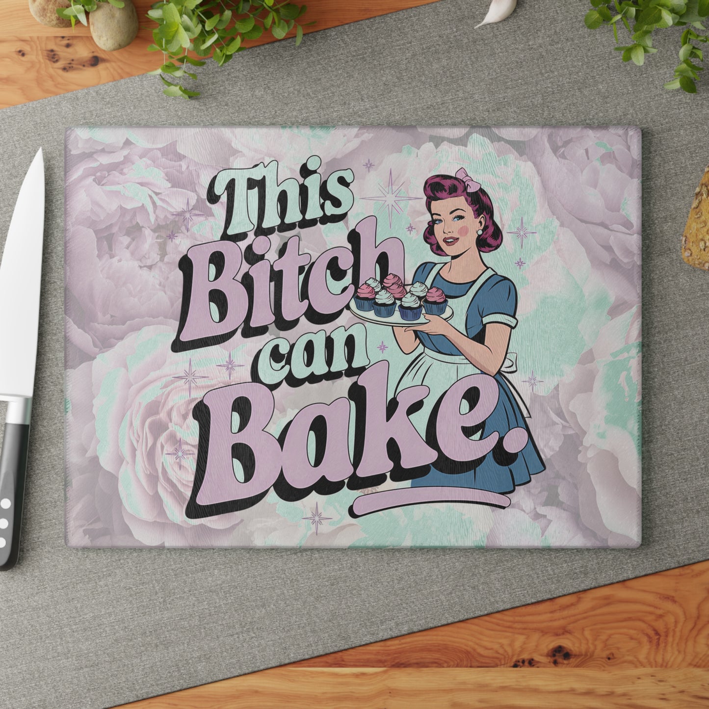 This Bitch Can Bake Glass Cutting Board - Fun Kitchen Decor for Home Chefs